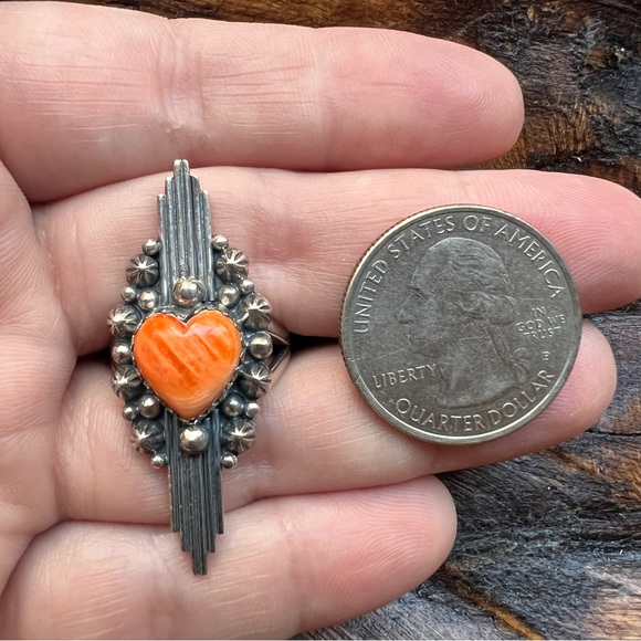 925 Sterling Silver & Spiny Oyster Heart Ring Size 8 •Southwestern• - Picture 9 of 10